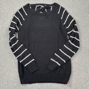 360 Sweater Linen Blend Striped Sleeve Black Sweater Women's Small Cutout Back